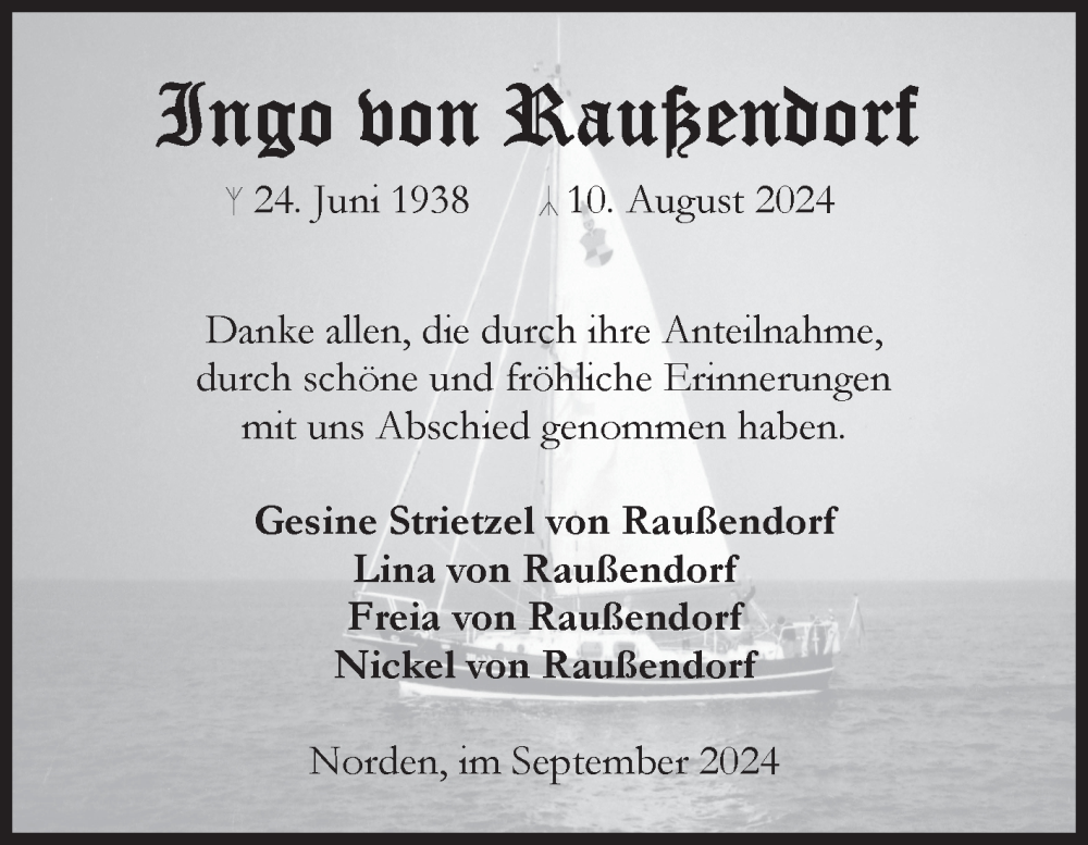  Traueranzeige für lngo von Raußendorf vom 21.09.2024 aus Ostfriesischer Kurier