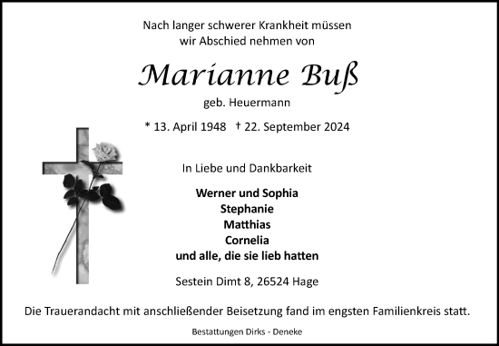 Traueranzeige von Marianne Buß von Ostfriesischer Kurier