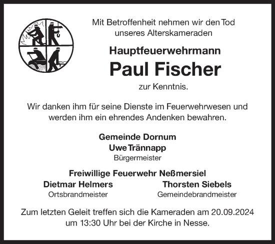 Traueranzeige von Paul Fischer von Ostfriesischer Kurier