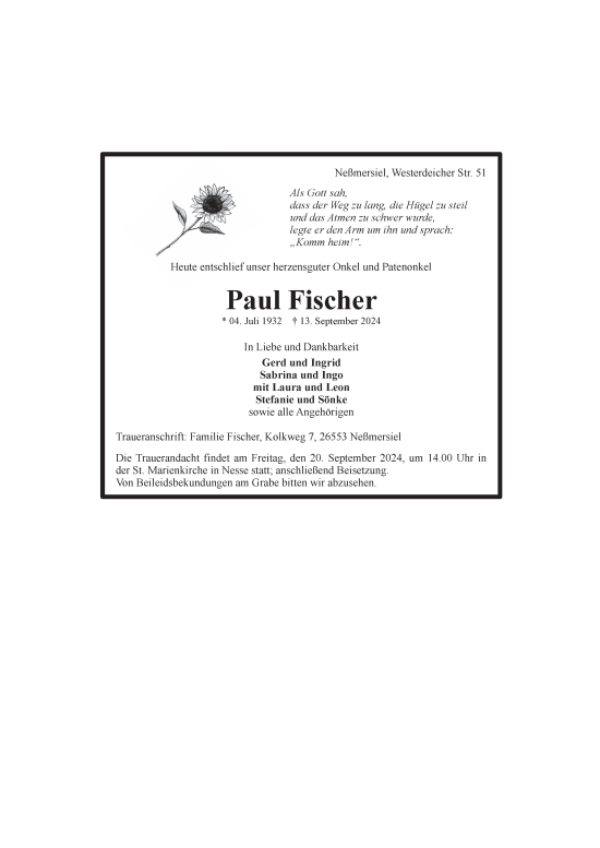Traueranzeige von Paul Fischer von Ostfriesischer Kurier