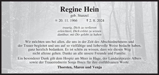 Traueranzeige von Regine Hein von Ostfriesischer Kurier