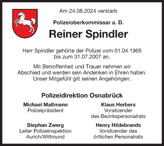 Traueranzeige von Reiner Spindler von Ostfriesischer Kurier