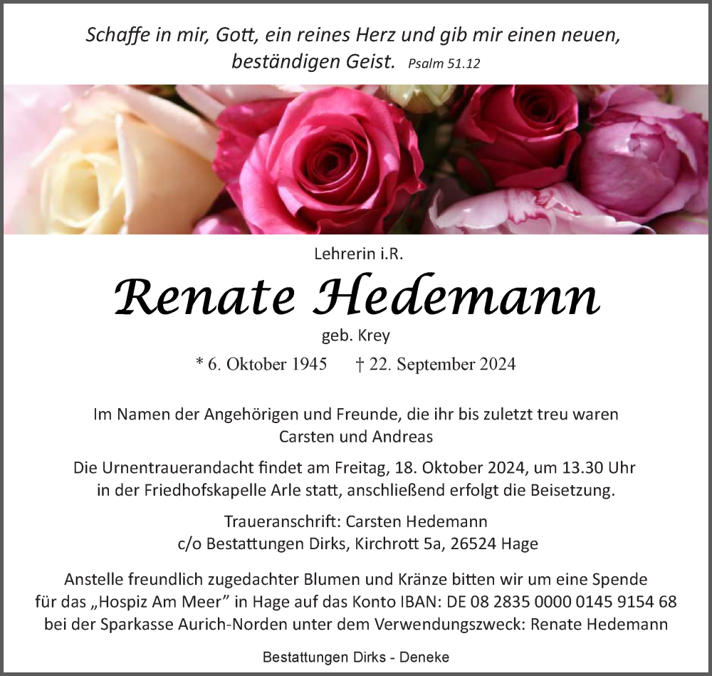  Traueranzeige für Renate Hedemann vom 28.09.2024 aus Ostfriesischer Kurier