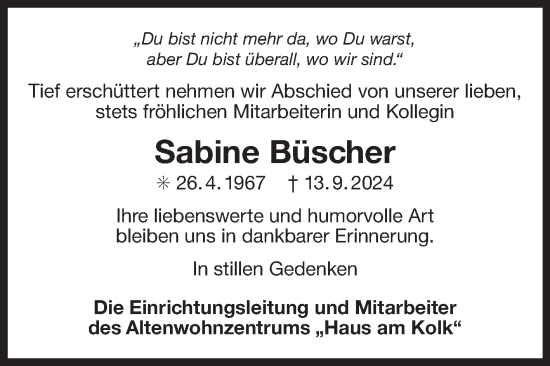 Traueranzeige von Sabine Büscher von Ostfriesischer Kurier