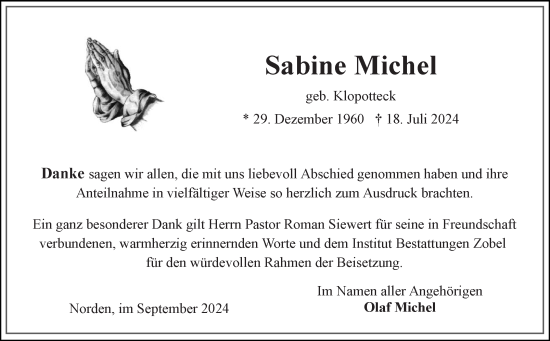 Traueranzeige von Sabine Michel von Ostfriesischer Kurier