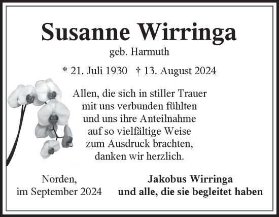 Traueranzeige von Susanne Wirringa von Ostfriesischer Kurier