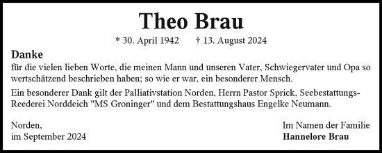 Traueranzeige von Theo Brau von Ostfriesischer Kurier