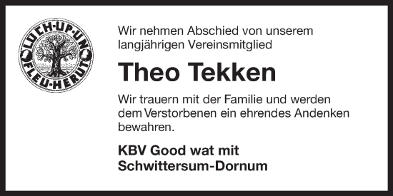 Traueranzeige von Theo Tekken von Ostfriesischer Kurier