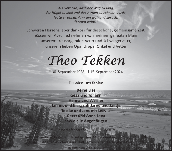 Traueranzeige von Theo Tekken von Ostfriesischer Kurier
