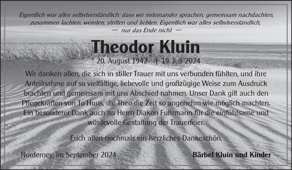  Traueranzeige für Theodor Kluin vom 04.09.2024 aus Ostfriesischer Kurier