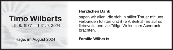 Traueranzeige von Timo Wilberts von Ostfriesischer Kurier