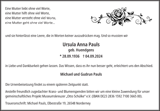 Traueranzeige von Ursula Anna Pauls von Ostfriesischer Kurier
