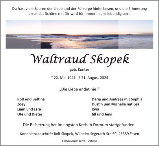 Traueranzeige von Waltraud Skopek von Ostfriesischer Kurier