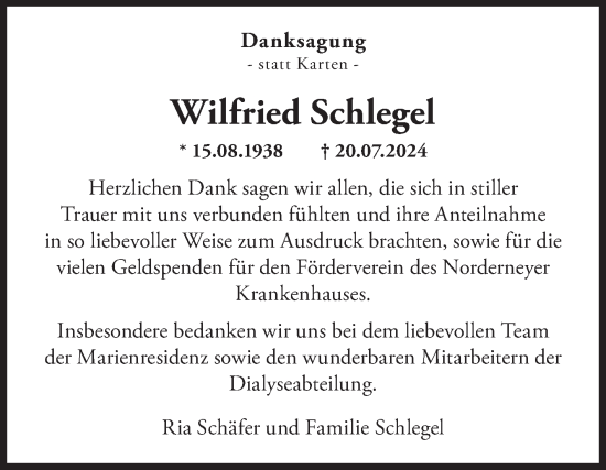 Traueranzeige von Wilfried Schlegel von Ostfriesischer Kurier