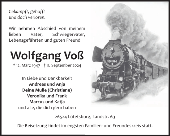 Traueranzeige von Wolfgang Voß von Ostfriesischer Kurier
