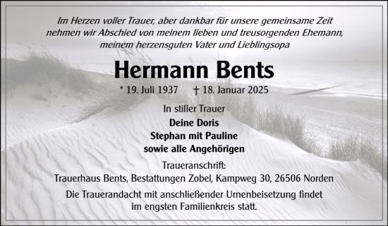 Traueranzeige von Hermann Bents von Ostfriesischer Kurier