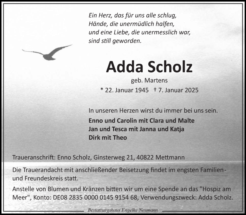  Traueranzeige für Adda Scholz vom 11.01.2025 aus Ostfriesischer Kurier