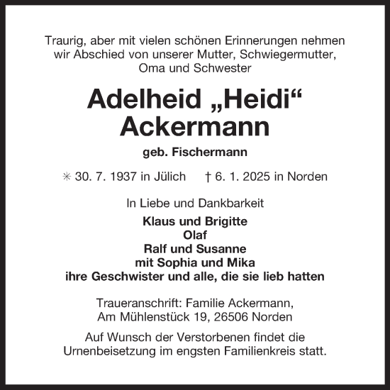 Traueranzeige von Adelheid Ackermann von Ostfriesischer Kurier