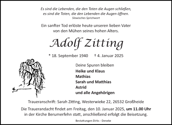 Traueranzeige von Adolf Zitting von Ostfriesischer Kurier