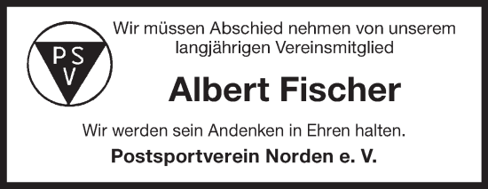 Traueranzeige von Albert Fischer von Ostfriesischer Kurier