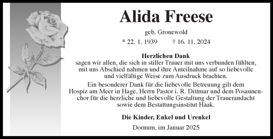 Traueranzeige von Alida Freese von Ostfriesischer Kurier