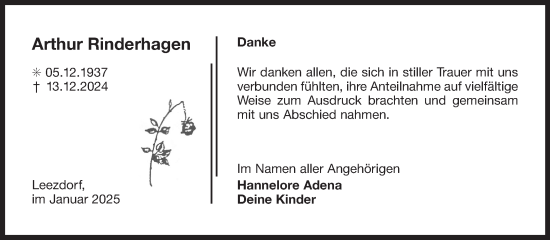 Traueranzeige von Arthur Rinderhagen von Ostfriesischer Kurier