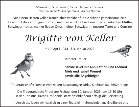 Traueranzeige von Brigitte von Keller von Ostfriesischer Kurier