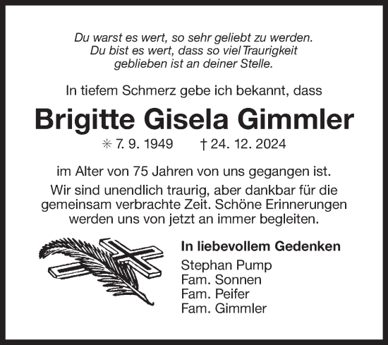 Traueranzeige von Brigitte Gisela Gimmler von Ostfriesischer Kurier
