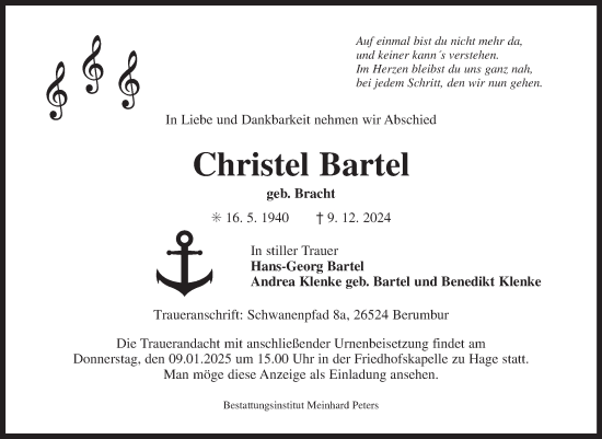 Traueranzeige von Christel Bartel von Ostfriesischer Kurier