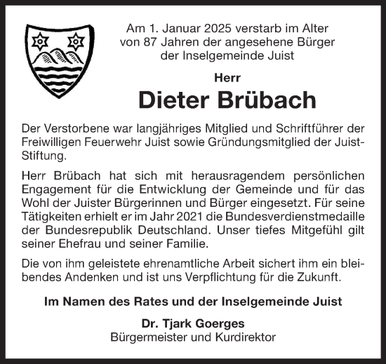 Traueranzeige von Dieter Brübach von Ostfriesischer Kurier