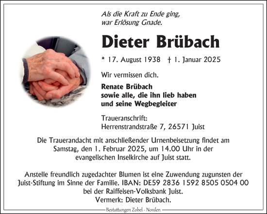 Traueranzeige von Dieter Brübach von Ostfriesischer Kurier