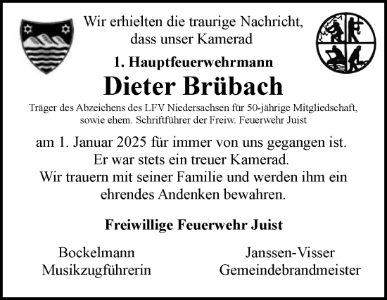 Traueranzeige von Dieter Brübach von Ostfriesischer Kurier
