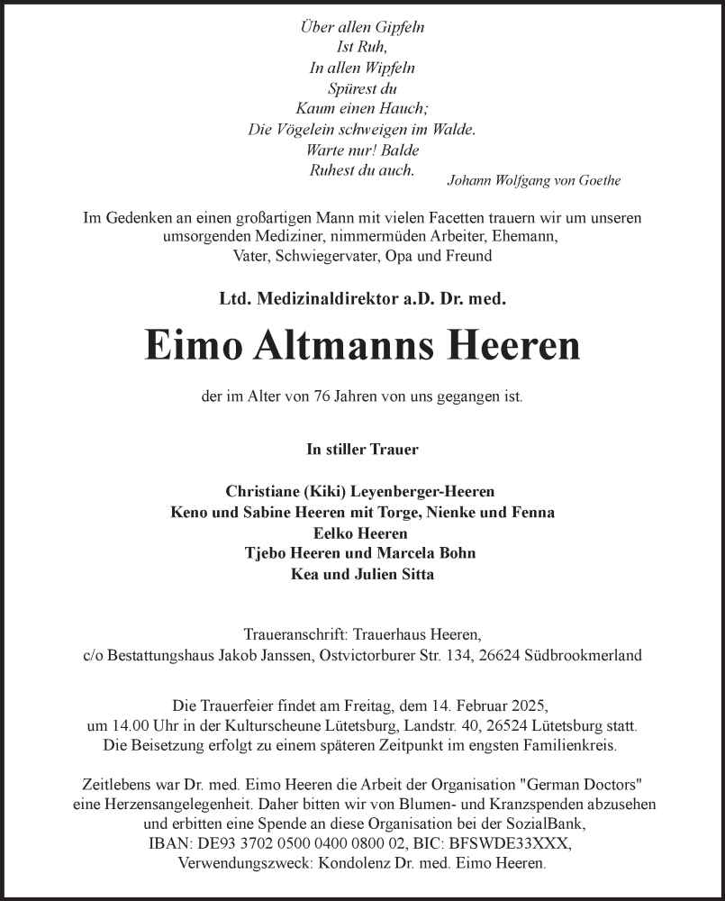  Traueranzeige für Eimo Altmanns Heeren vom 29.01.2025 aus Ostfriesischer Kurier