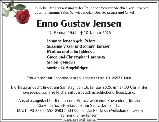 Traueranzeige von Enno Gustav Jensen von Ostfriesischer Kurier