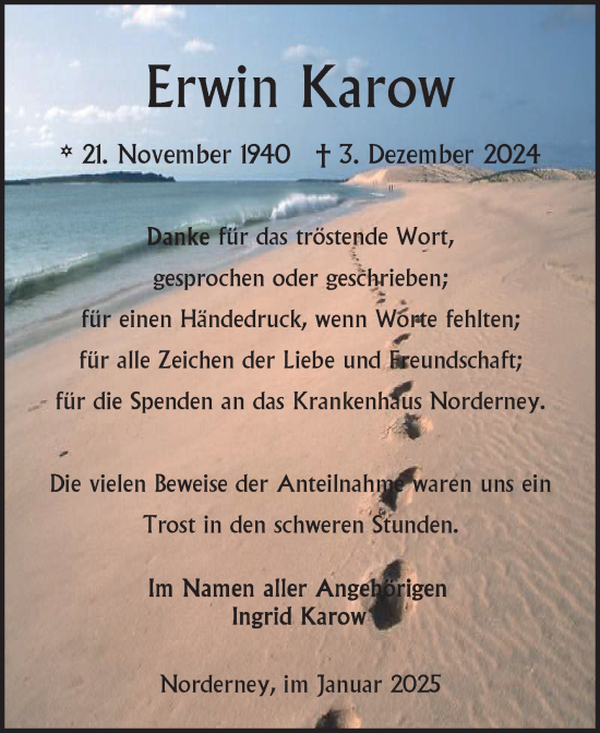 Traueranzeige von Erwin Karow von Ostfriesischer Kurier