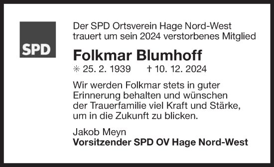 Traueranzeige von Folkmar Blumhoff von Ostfriesischer Kurier