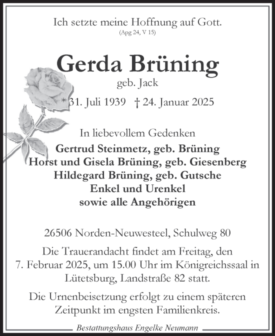 Traueranzeige von Gerda Brüning von Ostfriesischer Kurier