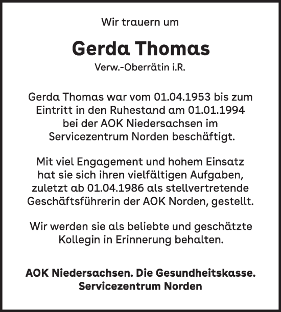 Traueranzeige von Gerda Thomas von Ostfriesischer Kurier