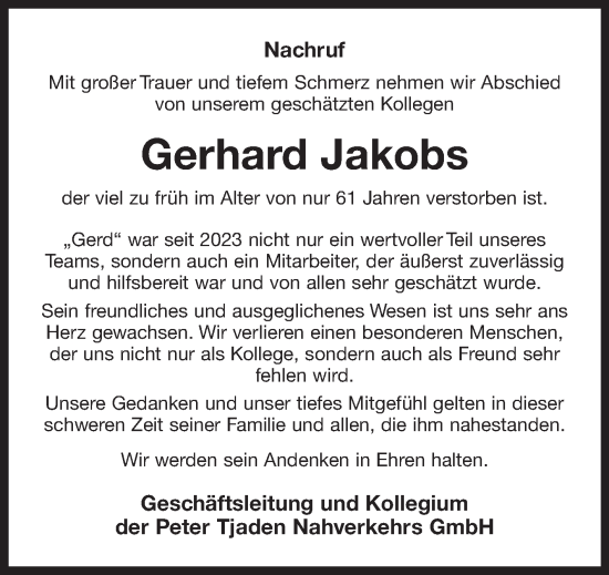 Traueranzeige von Gerhard Jakobs von Ostfriesischer Kurier