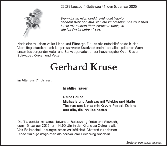 Traueranzeige von Gerhard Kruse von Ostfriesischer Kurier
