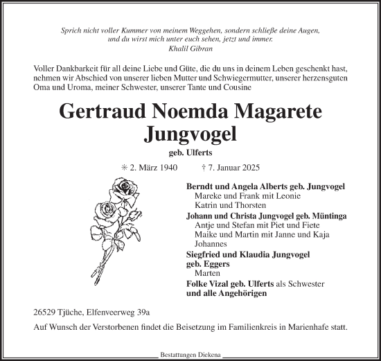 Traueranzeige von Gertraud Noemda Magarete Jungvogel von Ostfriesischer Kurier