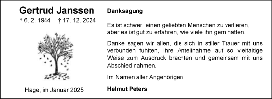Traueranzeige von Gertrud Janssen von Ostfriesischer Kurier