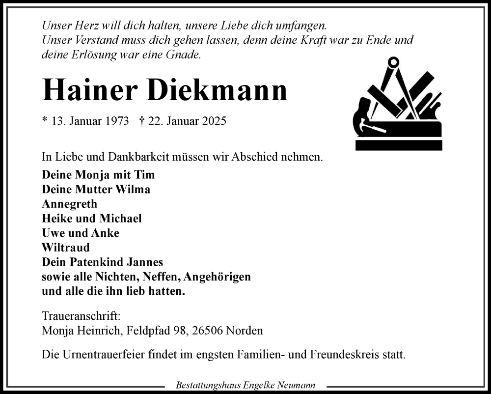  Traueranzeige für Hainer Diekmann vom 25.01.2025 aus Ostfriesischer Kurier