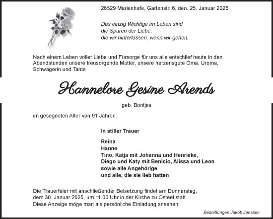 Traueranzeige von Hannelore Gesine Arends von Ostfriesischer Kurier