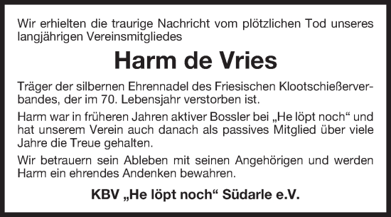 Traueranzeige von Harm de Vries von Ostfriesischer Kurier