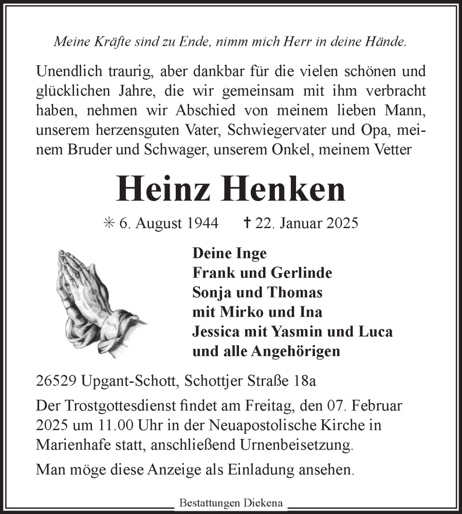  Traueranzeige für Heinz Henken vom 24.01.2025 aus Ostfriesischer Kurier