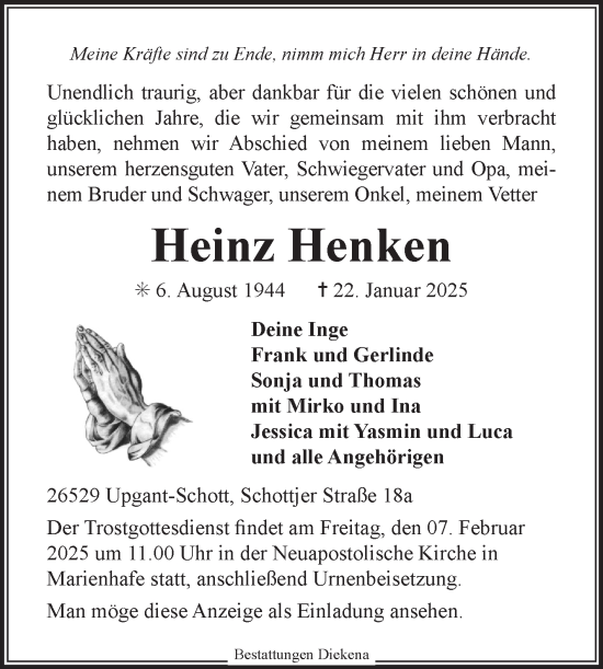 Traueranzeige von Heinz Henken von Ostfriesischer Kurier