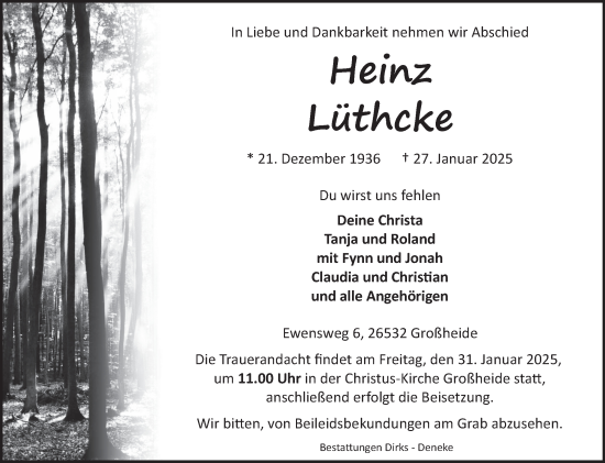 Traueranzeige von Heinz Lüthcke von Ostfriesischer Kurier