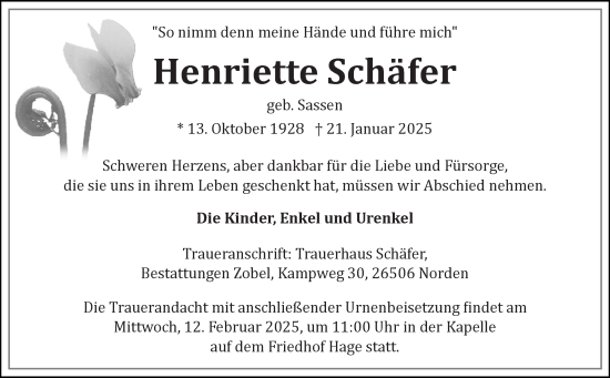 Traueranzeige von Henriette Schäfer von Ostfriesischer Kurier