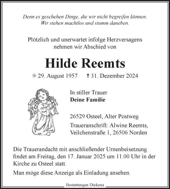 Traueranzeige von Hilde Reemts von Ostfriesischer Kurier